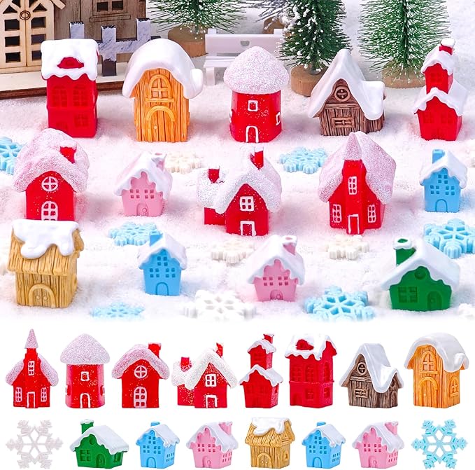 30 Pcs Christmas Mini Village House Figurines with Snowflakes Tiny Little Winter House Miniature Figures for Holiday Crafts Garden Micro Landscape Home Table Decor