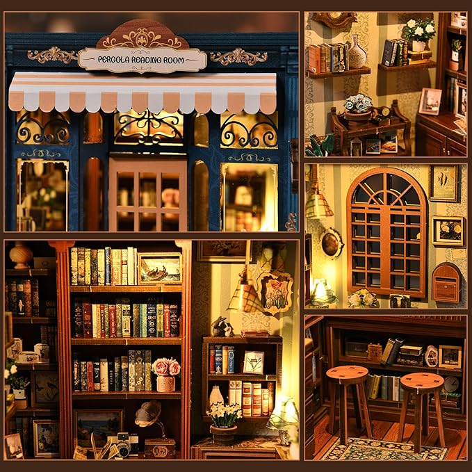 Book Nooks Kit for Adults, 3D Wooden Puzzle Miniature Dollhouse, DIY Bookend Holiday Craft Kits for Family&Friends, Unique Booknook Tiny Home Gifts for Men Women Teens, Bookshelf Decor Model
