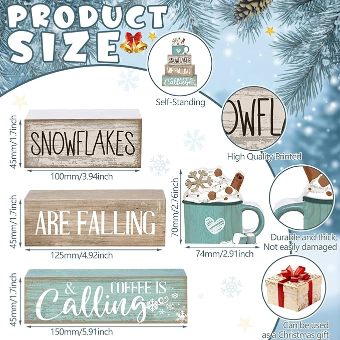 Moucuny 4 Pcs Winter Table Decor Wooden Milk Cocoa Decoration Winter Tiered Tray Centerpiece Decorative Blue Hot Cocoa Block Signs Gift Farmhouse Decoration for Home Kitchen
