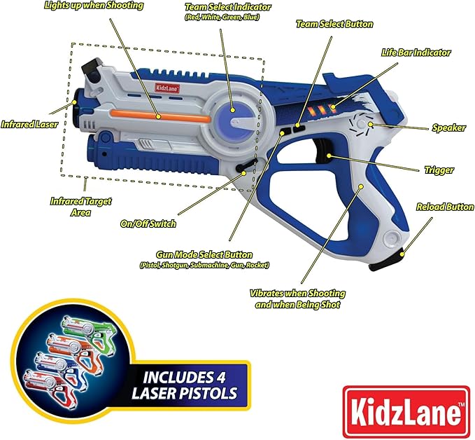 Kidzlane Laser Tag Guns Set of 4 for Kids and Adults - Infrared Laser Tag Set with 130 ft Range - 4 Team and Gun Modes - Indoor and Outdoor Toy Guns for Boys and Girls - Multiplayer Game for Ages 8+