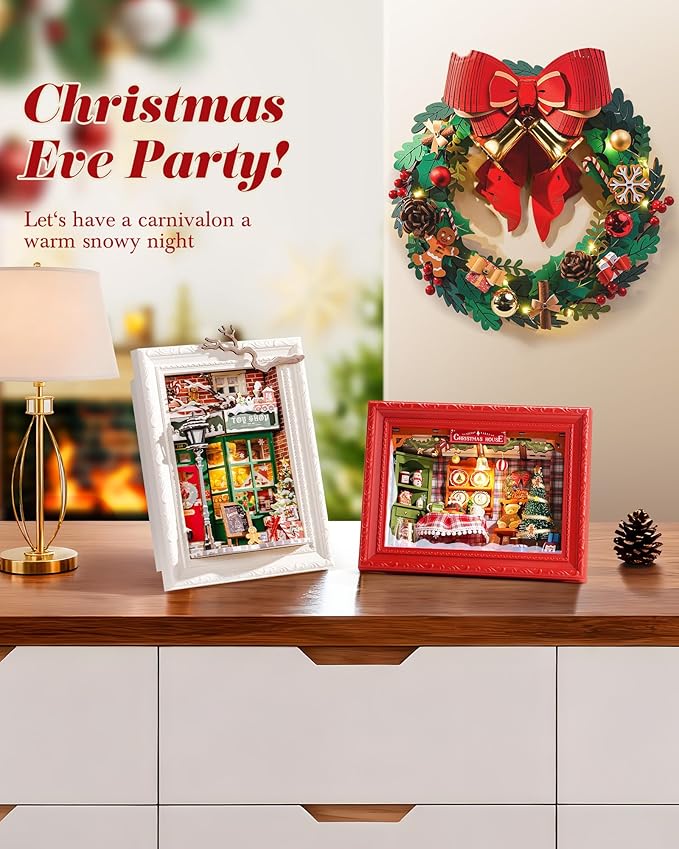 Rolife 3D Diorama Frame, Wall-Mounted Shadow Box & Dollhouse Display Case for & Christmas Decor, Quick-Build Unfinished Kit, Halloween Memorial Gift for Families (Christmas Eve Party)