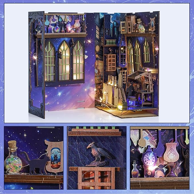 Magic Alley Book Nook Kit - DIY Miniature House Kit for Adults, Teens and Beginners, Magic Miniature Diorama with LED Light, 3D Wooden Puzzle Bookend Bookshelf Insert Decor, Gifts for Fantasy Lovers