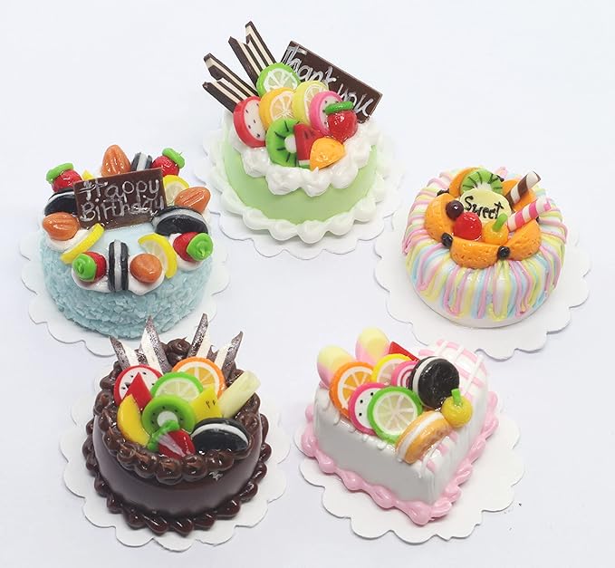 Mixed 5 Assorted Miniature Cakes Dollhouse Food Set, Handmade 1/6 Scale Fake Dessert, 1 Inch Cake Accessories for Collectors & Diorama