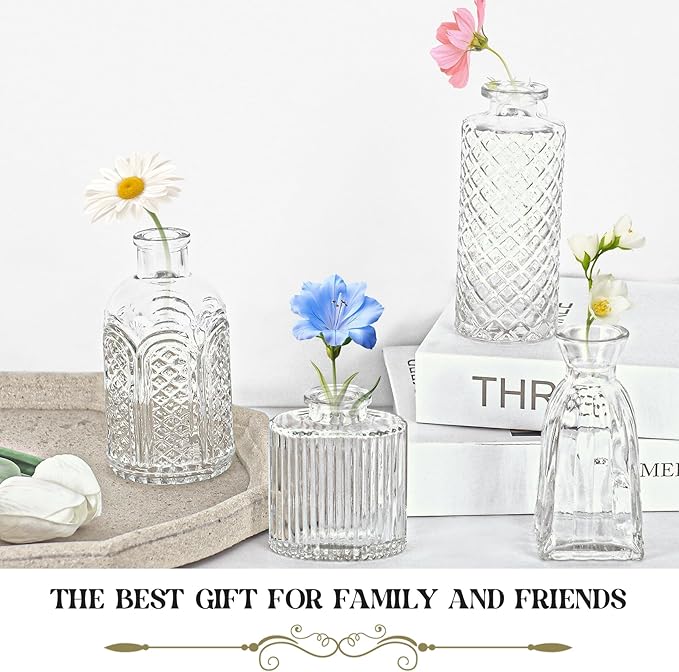 Set of 12 Glass Bud Vase Set, Small Vintage Clear Flower Vase Centerpieces for Table Bulk Cute Rustic Style Mini Vase for Home Decor Wedding Baby Shower Birthday Party