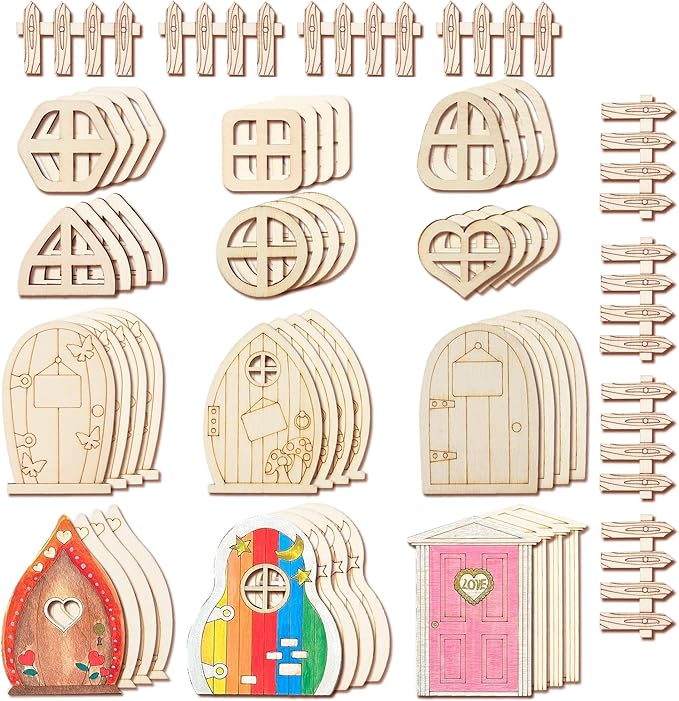Halandar 56 Pcs Fairy Door & Window Craft Kit - Wooden Garden Doors, Mini Fences, Unpainted Miniature Accessories for Home Party Event Decor - DIY Fairy House Decorations (Classic)