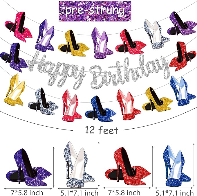 High Heel Shoes Banners Bridal Shower Engagement Party Decor Heel Birthday Party Decorations Silver Glitter High Heels Happy Birthday Banners for Girls Ladies Bridal Shower Supplies