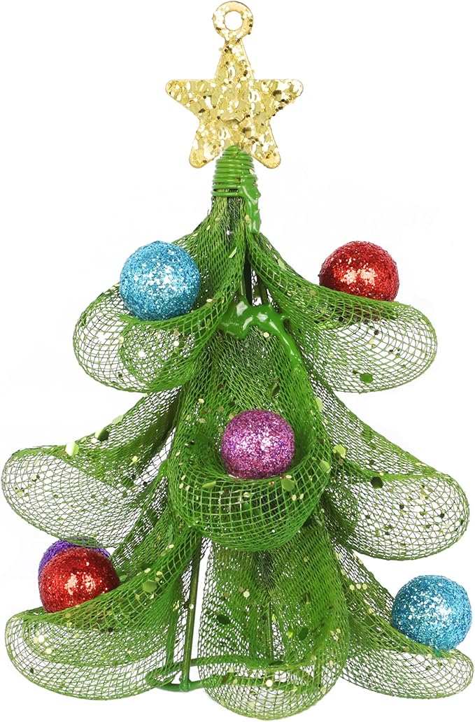 XMIAOX Mini Metal Christmas Tree, 5.9" Handcrafted Wire Mesh Tree Tabletop Hanging Ornament with Star Tree Topper & Colorful Glitter Balls, Sparkling Holiday Decoration for Desk, Shelf & Home Décor