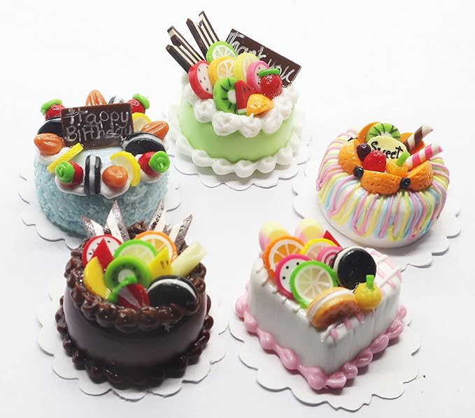 Mixed 5 Assorted Miniature Cakes Dollhouse Food Set, Handmade 1/6 Scale Fake Dessert, 1 Inch Cake Accessories for Collectors & Diorama