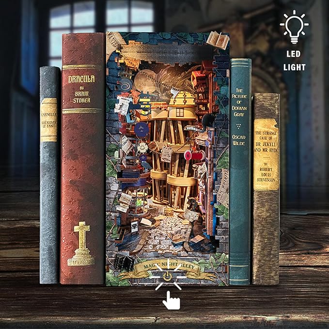 Magic Book Nook Kit - DIY Miniature House Dollhouse Kit for Adults Teens,3D Wooden Puzzle Booknook Bookshelf Insert Decor,Gifts for Family Friends -Magic Night Alley(SQ-16)