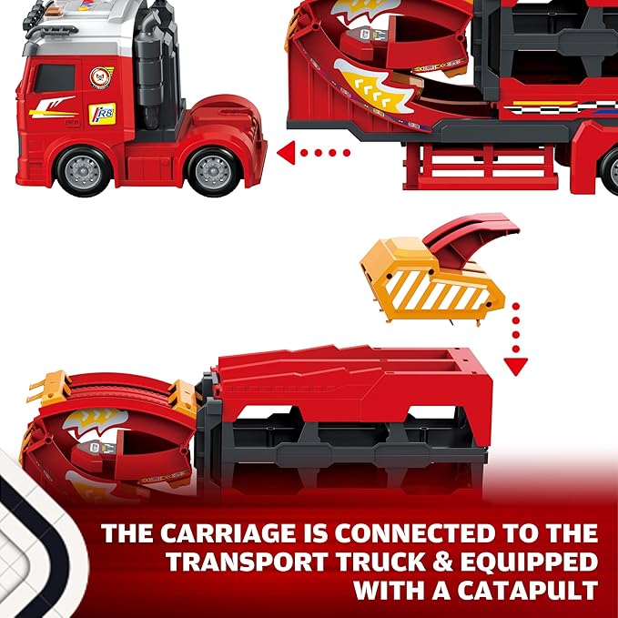 3in1 Carrier Truck Race Track Toddler Toys, Carrier Toy Truck w/45 Inch Foldable Race Track, 12 Die Cast Cars Toys for Ages 2-4, Semi Truck Toy w/Light & Sound, Kids Play Cars & Race Car Toys for Kids