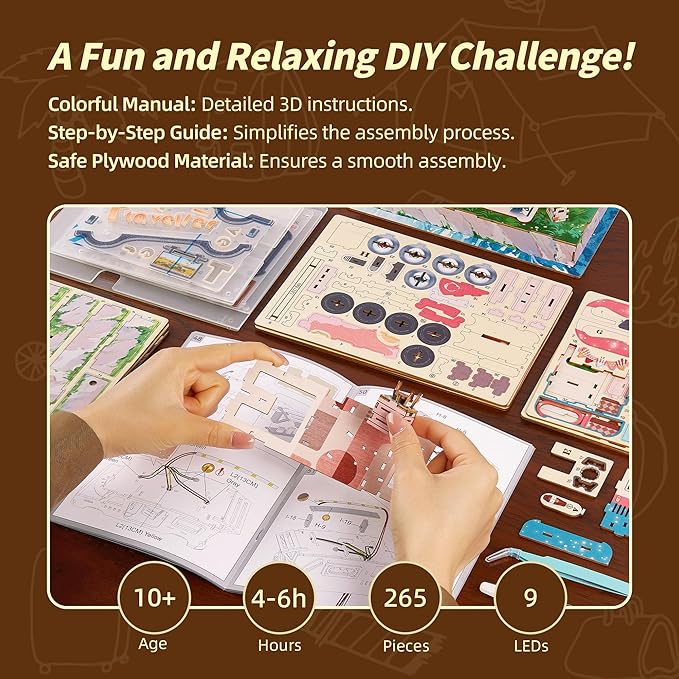 3D Puzzle Travel Truck Puzzle Model -DIY Miniature Kit Dollhouse Food Truck Wooden Model with LED Lights - Unique Gift for Adults and Kids(Camper Truck)