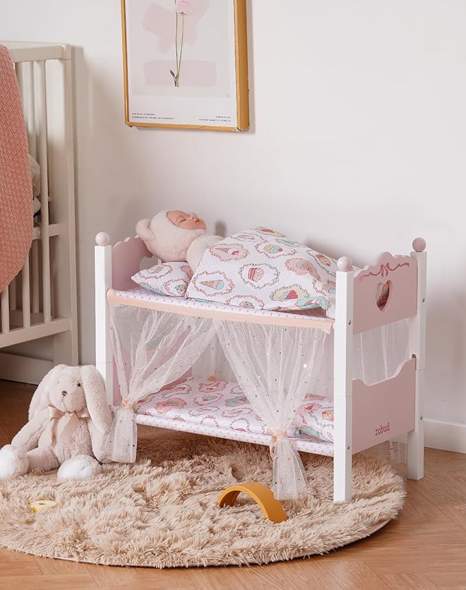 ROBUD Baby Doll Crib, Wooden Baby Doll Beds for 20 Inch Dolls, Baby Doll Bunk Beds with Gauze Curtain, American Girl Doll Bed for Gifts, WRP35