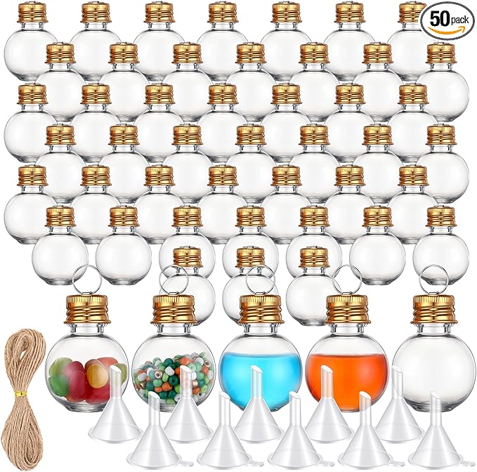 Bokon 50 Pack 1oz Mini Plastic Potion Bottles with Lids, Small Sand Art Bottles Ball Shaped Jar Tiny Clear Wishing Vial for Birthday Christmas Ornaments Halloween Party Decoration DIY Craft (Gold)