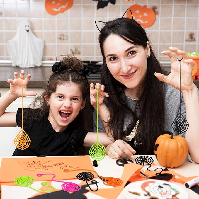 24 PCS Sticky Spider Web for Kids, 5.1 Inches Cobweb Sticky Hand Toys, Halloween Spider Party Favors for Goodie Bag Stuffers, Birthday, Classroom Prizes Supplies (4 Colors)