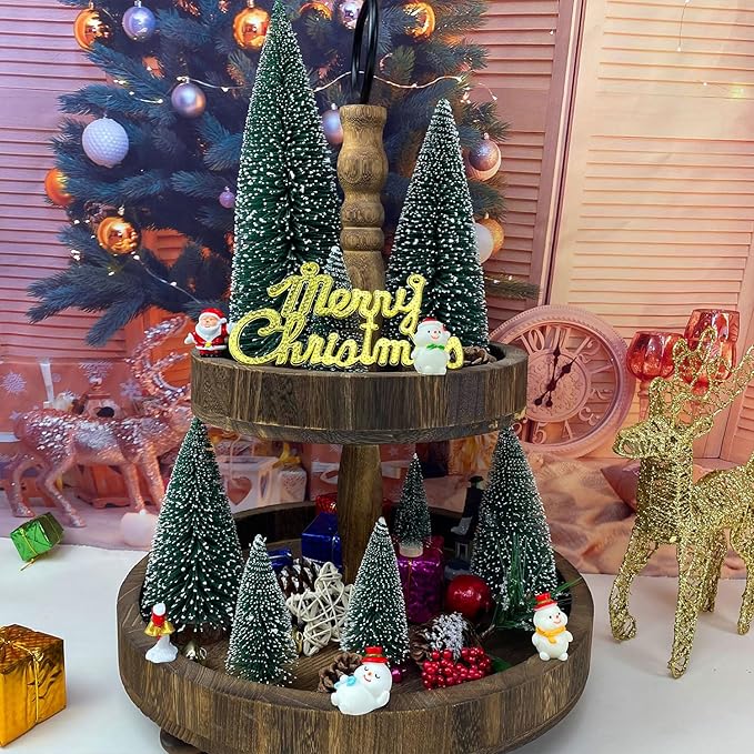 MTKZKAF 5 PCS Table top Christmas Pine Tree Bottle Brush Christmas Trees with Wooden Bases for Village Holiday Party Christmas Table Decor