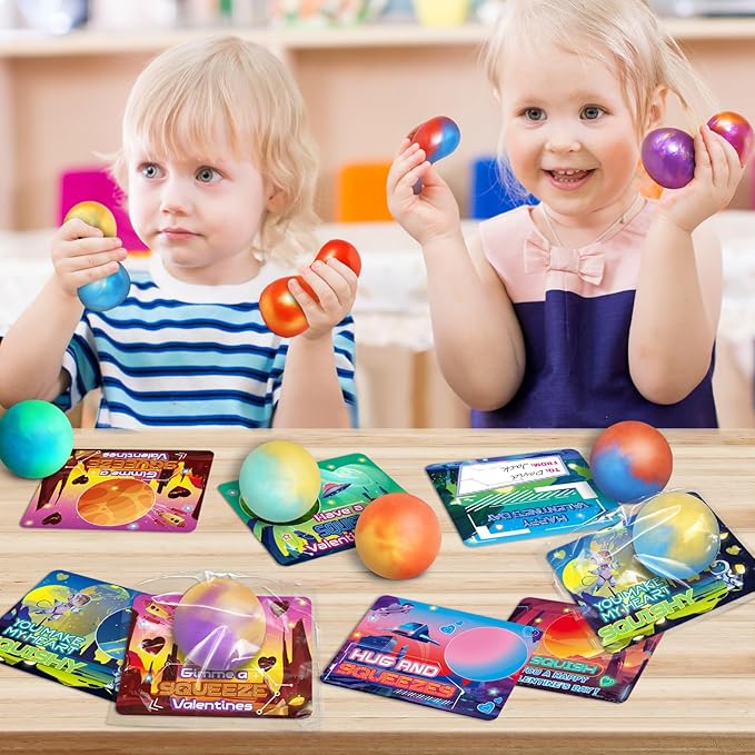 OCHIDO Valentines Greeting Cards for Kids, 24 Packs Valentines Day Cards with Slime Stretchy Squeeze Balls, Kids School Class Exchange Gifts, Classroom Prizes, Valentines Party Favor for Boy Girl