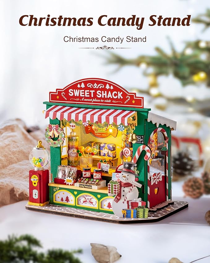 ROBOTIME DIY Miniature House Kit for Adult and Teens, Tiny House Building Kit for Family and Friends, Mini Wooden Dollhouse Kit for Halloween/Christmas/Birthday Gifts (Christmas Candy Stand)