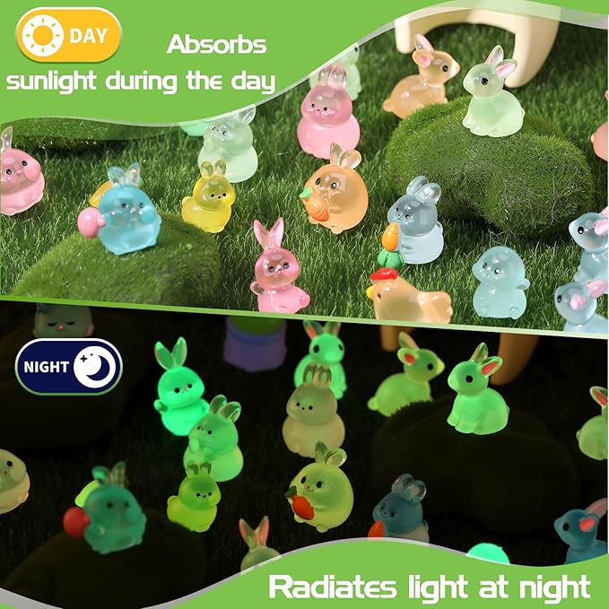 68Pcs Easter Mini Bunny Figurines Luminous Resin Animals Tiny Rabbit Chickens Figures to Hide Miniature Figurines for Egg Fillers Easter Decorations