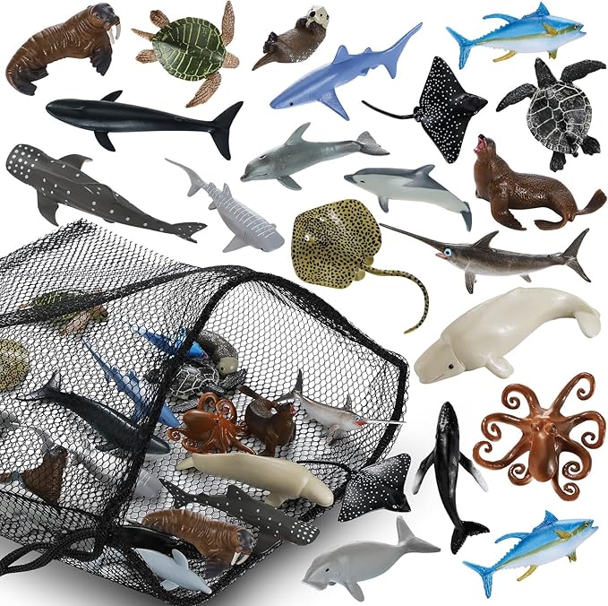 20 Pack Realistic Sea Creature Toys Animals with Mesh Bag Assorted Sea Animal Toys Including Shark, Dolphin, Whale for Ocean Party Decor Party Favors