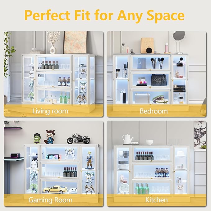 Display Cabinet with Acrylic Glass Doors,Extra Wide Curio Cabinet with LED Lighting for Collectibles, Collectibles Toy Organizers Rack & Display Shelf Display Case, White