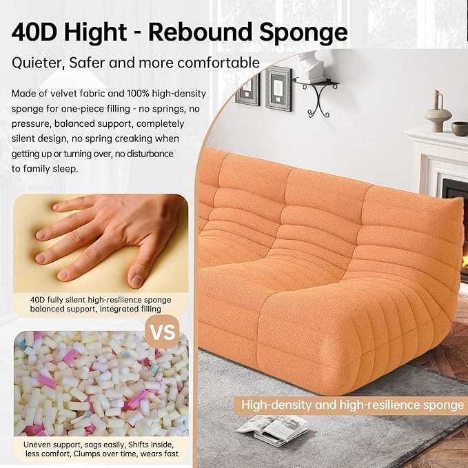 Bean Bag Chairs for Adults, BeanBag Reading Chair Memory Foam Couch 3-Seater, Floor Chair Soft Teddy Material, Comfy Reading Nook Chairs for Bedroom Living Room Office (Orange)