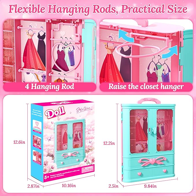 Style Shine 70 Pcs Doll Closet with Clothes & Accessories Playset,2 Wedding Gowns 6 Fashion Dresses 2 Tops 2 Pants 2 Swimsuits 10 Shoes 20 Hangers 27 Accessories Toys for Girls Kids Birthday Gifts