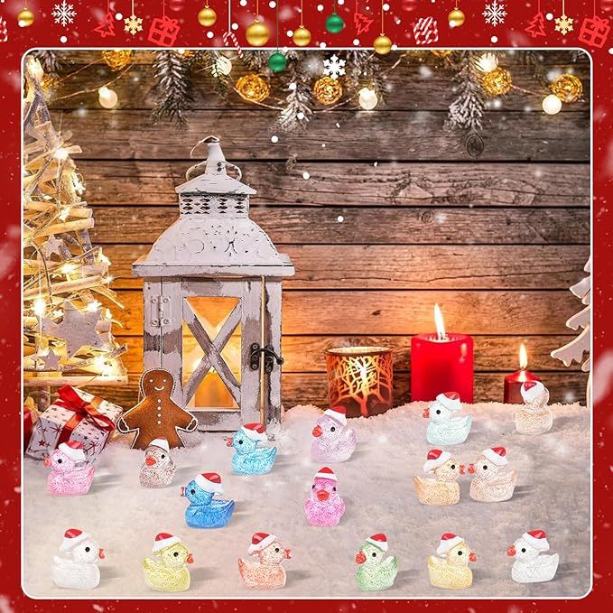 160PCS Luminous Mini Glitter Ducks Christmas Colorful Tiny Resin Ducks to Hide Miniatures Figures for Prank Xmas Goodie Bag Fillers Party Decor
