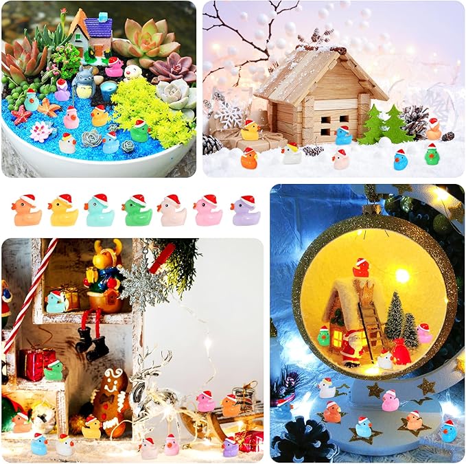 160 Pack Mini Christmas Resin Ducks Plastic Tiny Duck for Garden Micro Landscape Ornament Dollhouse Tiny Figurines Santa Hats for Birthday Party Favors DIY Decoration Craft (16 Colors)