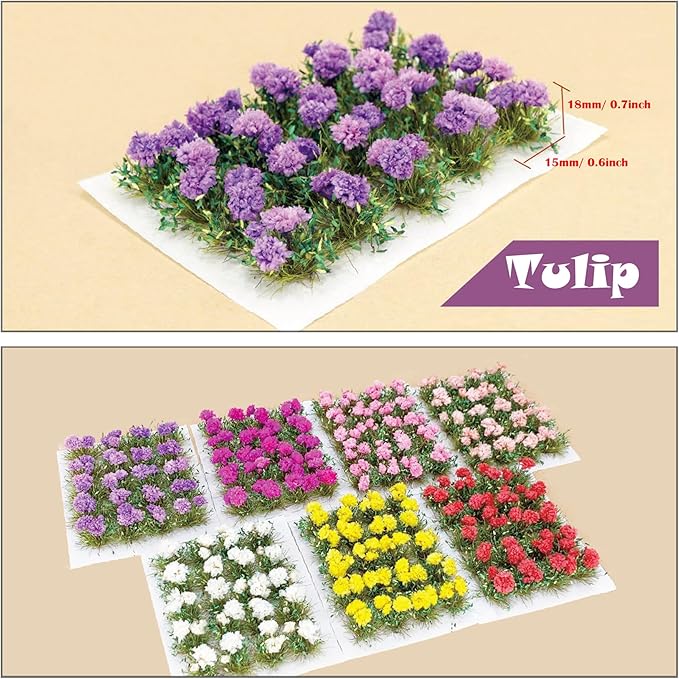 Woohome Flower Cluster Flower Vegetation Groups Grass Tufts Miniature Static Scenery for DIY Architecture Building Model Railway Train Diorama Garden Scenery Landscape Layout (Tulip, Purple)