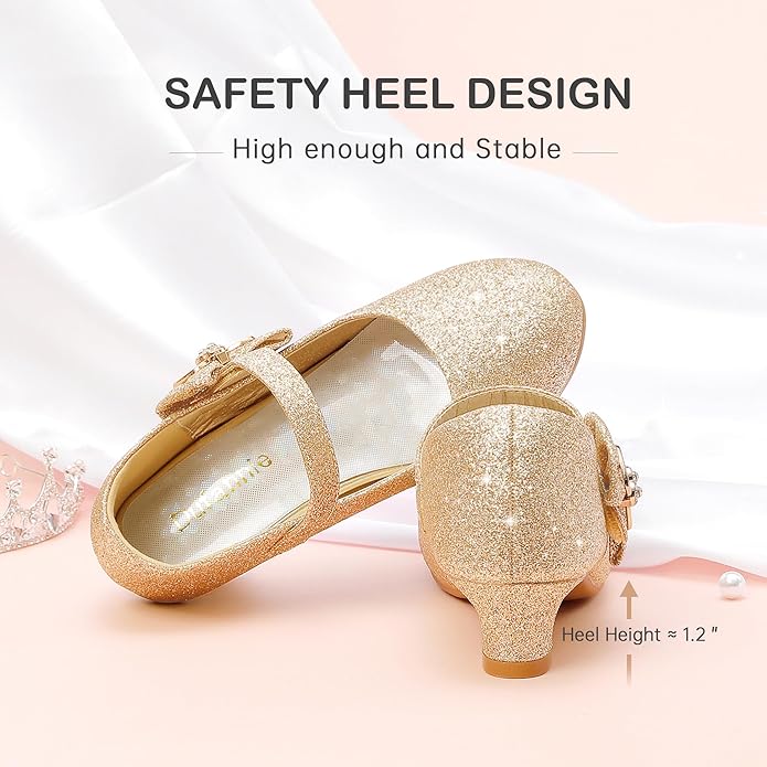 Dufannie Girls Dress Shoes Low Heel Princess Flats Mary Jane Flower Wedding Party Glitter Shoes for Kids Toddler