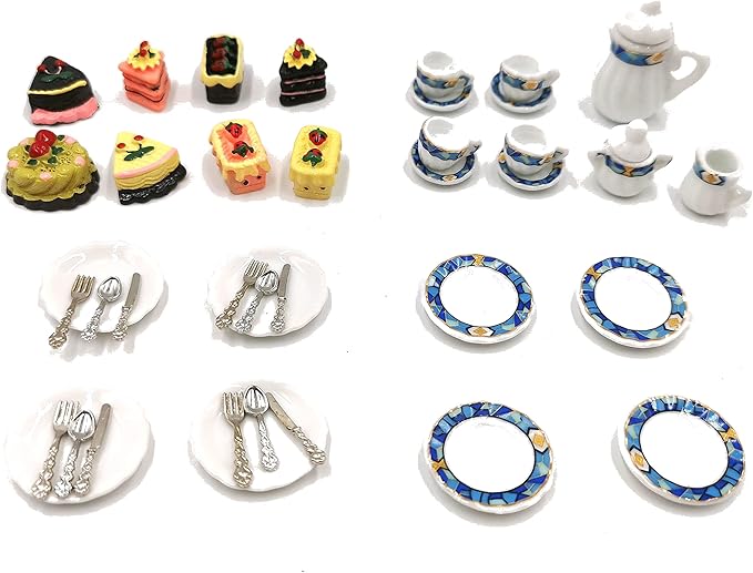 Dollhouse Decoration Accessories, 1:12 Dollhouse Miniature Scene Model Tea Cup Set Cake Mini Doll Plates Knife Fork Spoon