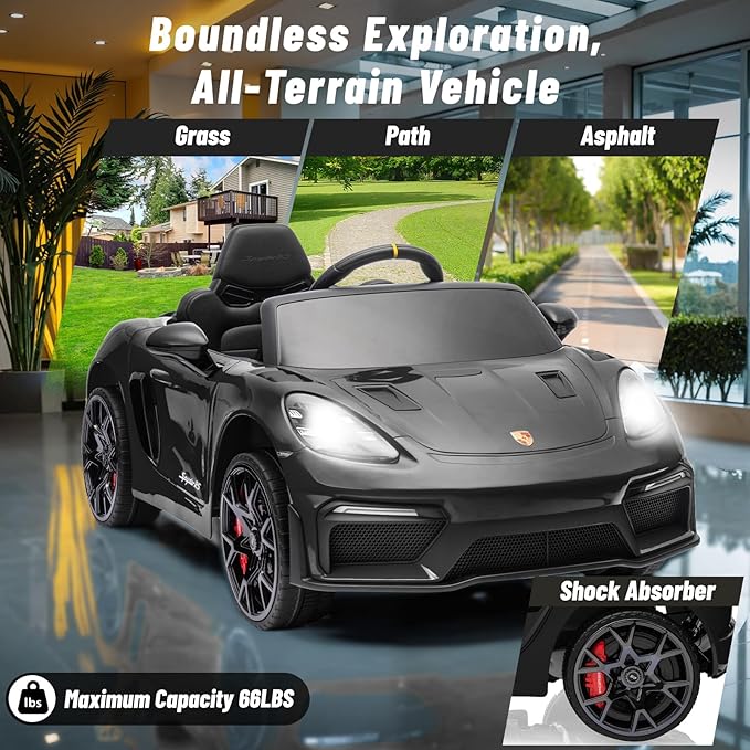 12V Ride on Car Licensed Porsche 718, Kids Electric Car with Remote Control, Front/Rear LED Light, Radio, USB/AUX, Openable Doors, Suspension Function, Durable Tires (Black)