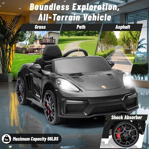 12V Ride on Car Licensed Porsche 718, Kids Electric Car with Remote Control, Front/Rear LED Light, Radio, USB/AUX, Openable Doors, Suspension Function, Durable Tires (Black)
