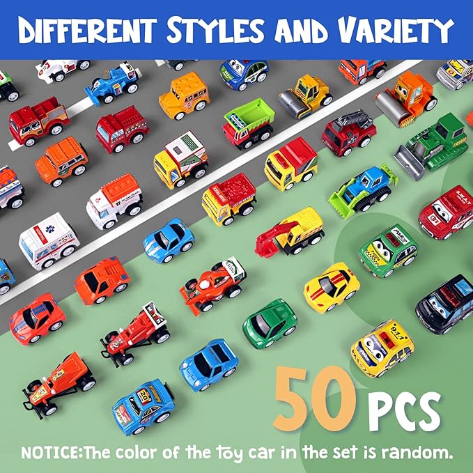 50 Pcs Toy Cars with Large Plastic Organizer, Pull Back Cars for Kids Ages 3-5, Birthday and Party Decorations, Birthday Presents for 3 + Year Old Girls and Boys
