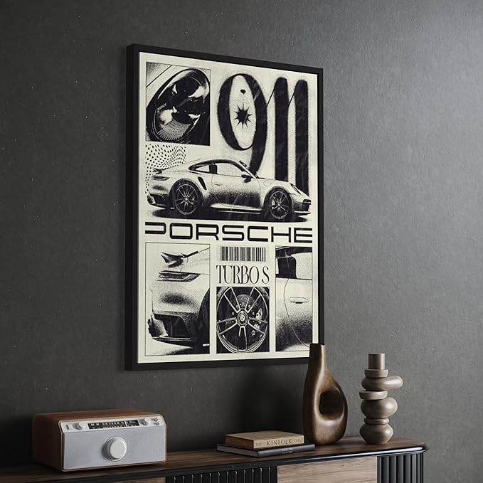 Canvastoria Porsche 911 Turbo S Canvas Wall Art | Black & White Automotive Poster Print | Luxury Sports Car Decor