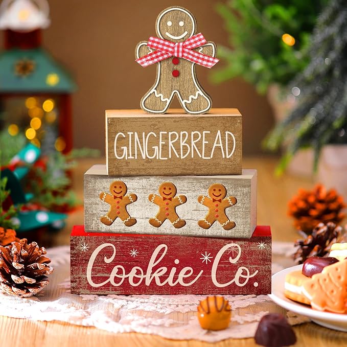 Moucuny 4 Pcs Christmas Table Decor Gingerbread Man Decoration Christmas Centerpiece Winter Tiered Tray Decor Rustic Gingerbread Block Signs Gift Winter Table Decoration for Xmas Party Kitchen Home