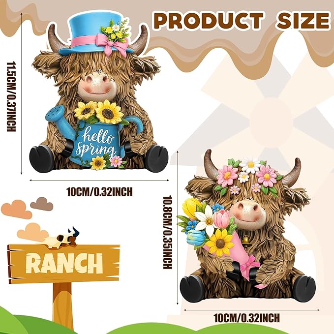 Burbell 2 Pack Spring Highland Cow Resin Figurine Spring Bathroom Highland Cow Gnomes with Flower Starfish Resin Statue for Garden Table Shelf Home Decor Calf Gnome Herd Gifts