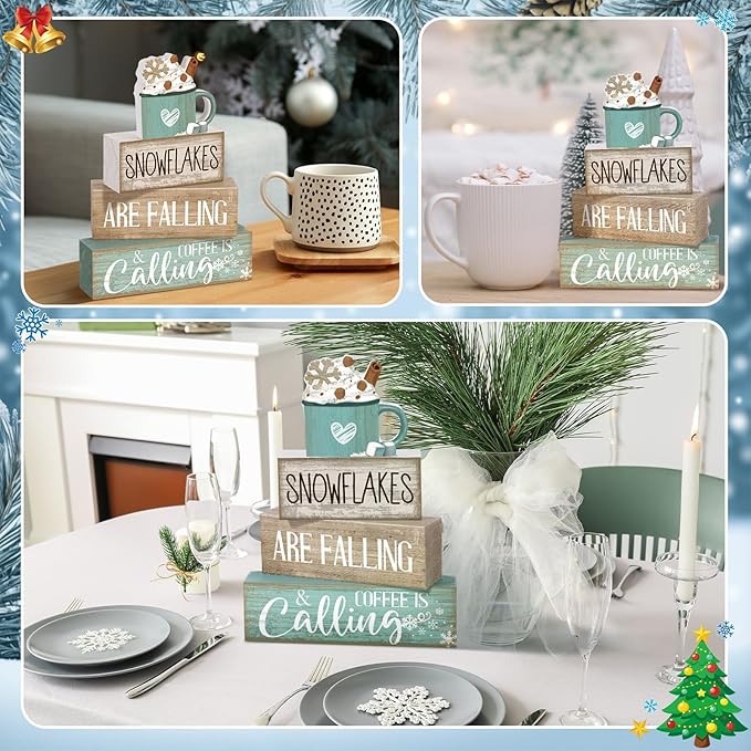 Moucuny 4 Pcs Winter Table Decor Wooden Milk Cocoa Decoration Winter Tiered Tray Centerpiece Decorative Blue Hot Cocoa Block Signs Gift Farmhouse Decoration for Home Kitchen