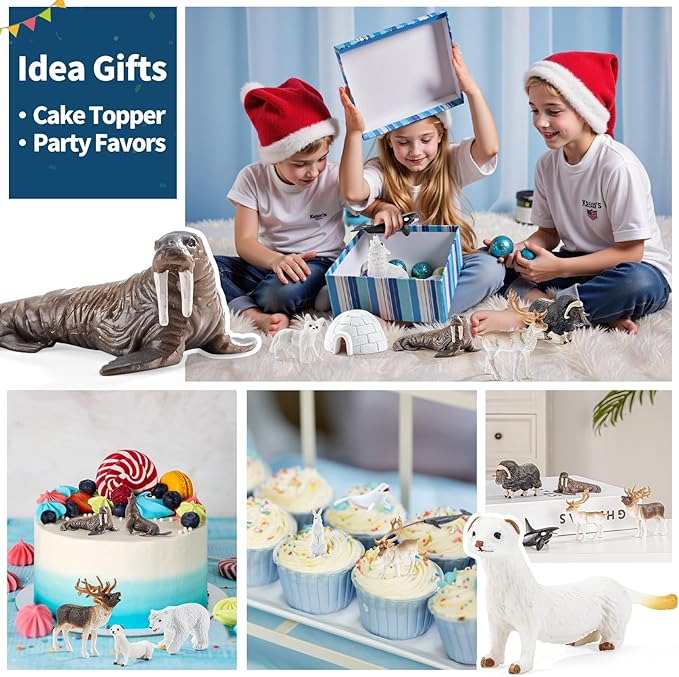16PCS Mini Arctic Animals Figurines Toys, Winter Polar Animals Toys for Kids Include Polar Bear, Caribou, Orca, Wolf Figurines Cake Toppers Birthday Gifts for Preschool Kids