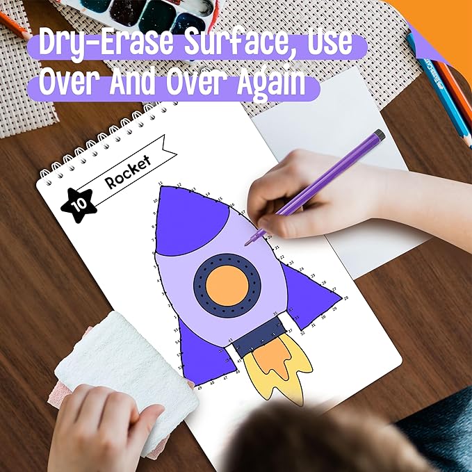 Do-to-Dot Game Pad, 30 Reusable & Erasable Number Connecting Games, Dry Erase Animal/Castle/Ship Dot to Dot Workbook for Kids, Educational Toy for Road Trip, Airplane & Car Travel Activities