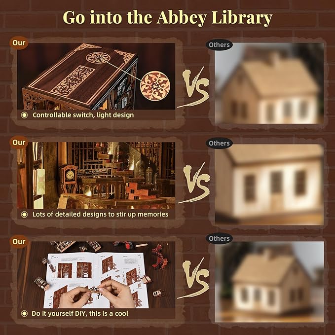 Book Nook Kit, DIY Miniature Dollhouse Booknook Kit, 3D Wooden Puzzle Bookend Bookshelf Insert Decor with LED Light for Teens and Adults (Abbey Library)