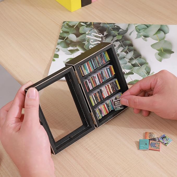Anxiety Bookshelf Ornament | Small Bookshelf Miniature Library With 100pcs Mini Books| Shake Away Your Anxiety Book Library for Book Lovers Home Office Decor (Black)