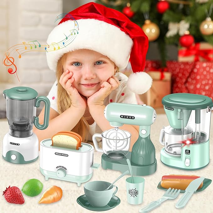 Kids Pretend Play Kitchen Appliance Toy Set with Coffee Maker, Toaster, Blender, Mixer, Kitchen Toys with Light & Sound, Play Kitchen Sets for Girls Boys Age 3 4 5 6