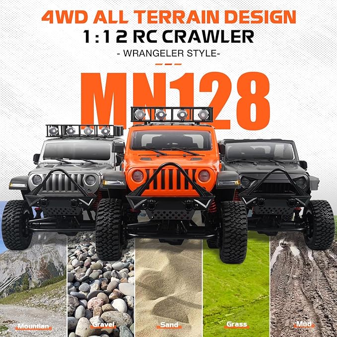 1/12 RC Rock Crawler, MN-128 Wrangeler Style RC Jeep Pickup Truck, 2.4GHz RC Crawler 4x4 Remote Control Off Road Climbing Car RTF with Upgraded Chassis