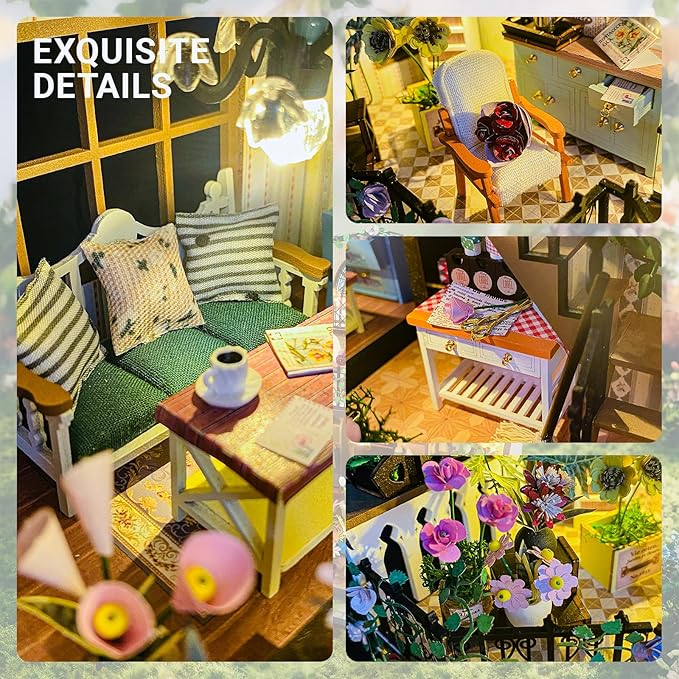 DIY Miniature House Kit, Fairy Dollhouse for Adults to Bulid,Tiny Home Making Kit with Wooden Furniture and LED, Halloween Decoration for Family and Friends (Darcy Flower House)