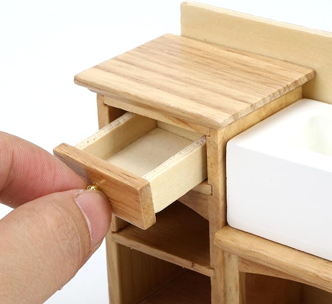 Dollhouse Sink 1/12 Scale Miniature Furniture Bathroom Mini Kitchen Sink with Cabinet Set Dolls House Wooden Accessory Doll Farmhouse Accessories