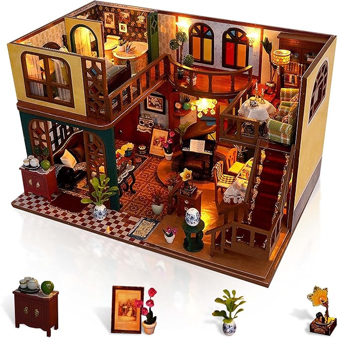 DIY Miniature House Kit, Dollhouse Kit with Light and Dust Cover, Mini House Building Kits for for Adult to Building, Christmas Home Decorations Gifts for Family and Friends, Retro Loft