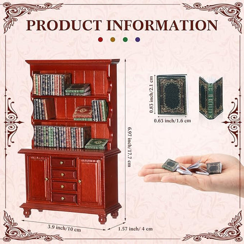 1:12 Scale Dollhouse Miniature Wooden Bookshelf Bookcase with 48 Pcs Miniature Books Mini Tiny Books for Dollhouse Mini Library Decoration Book Lover’s Reading Nook Gift(Red)