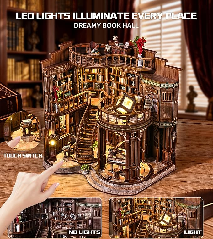 Spilay DIY Book Nook Kits for Adults,Dreamy Book Hall Book Nook Kit with LED Light,3D Wooden Puzzle DIY Miniature Dollhouse Kit,Creative Bookshelf Decor&Unique Gift for Teens&Book Lovers
