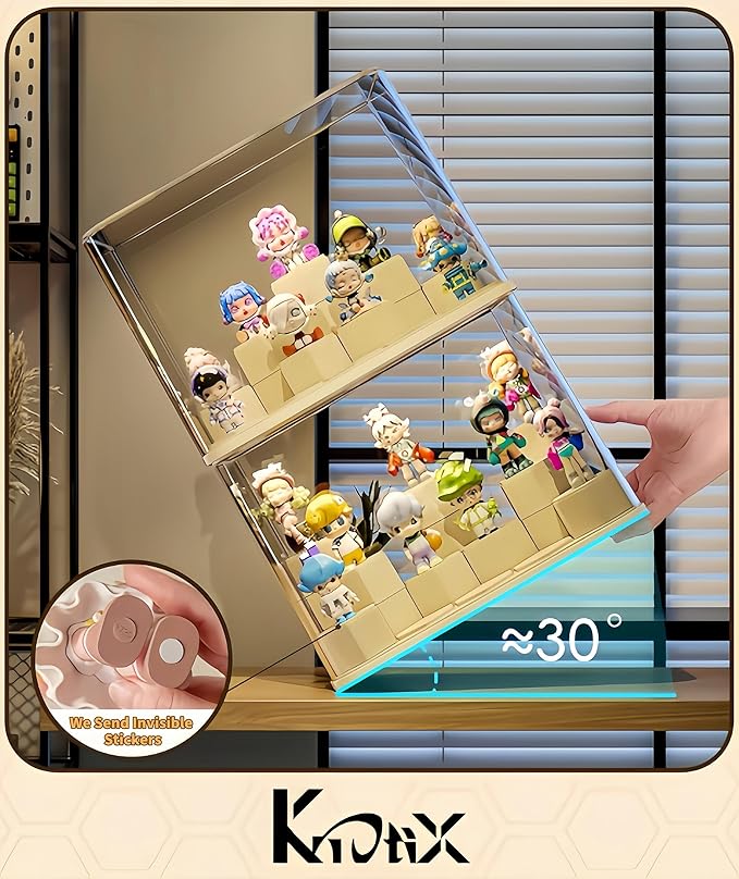 DIY Stackable Transparent Display Case for Figures, Dustproof Acrylic Display Boxes with 24 Movable Hexagonal Blocks, Large Capacity for Pop Mart, Lego, Collectibles (Cream)
